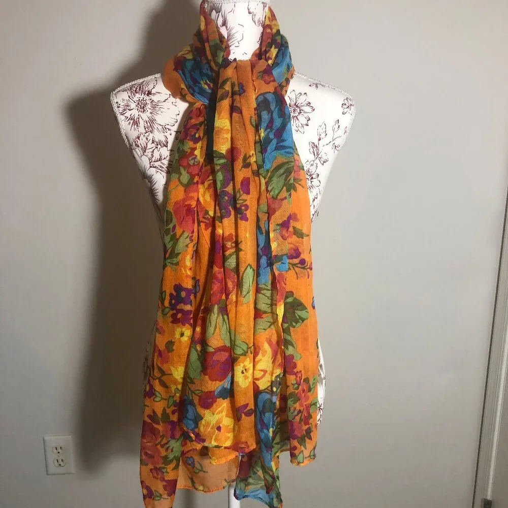 🌸 Vibrant Floral Sheer Scarf / Shawl – Bold, Romantic, Cottagecore Dream 🌸